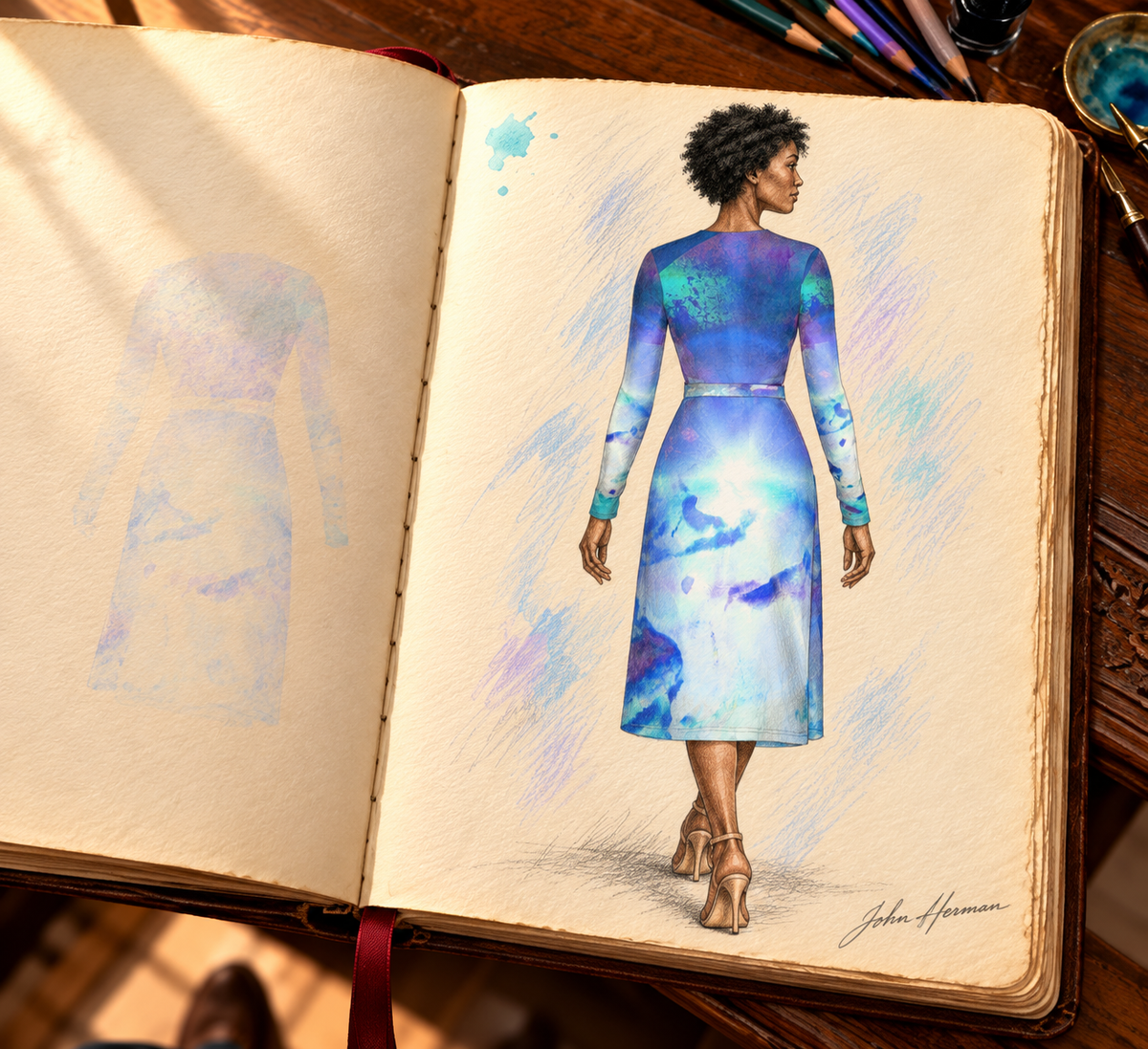 Ethereal Calf or Below length Long Wrap Dress — hand-drawn designer Handbook, back full, calf-or-below length.