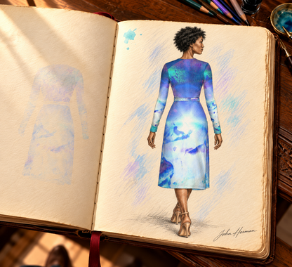 Ethereal Calf or Below length Long Wrap Dress — hand-drawn designer Handbook, back full, calf-or-below length.