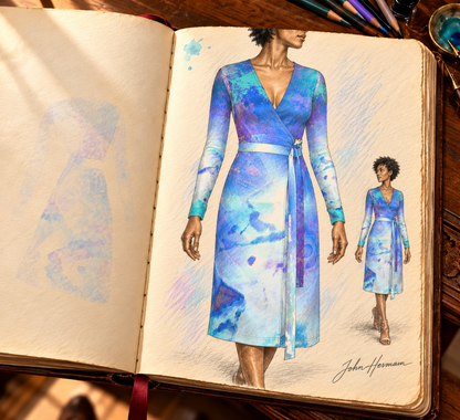 Ethereal Calf or Below length Long Wrap Dress — hand-drawn designer Handbook, front wrap tie, calf-or-below length.