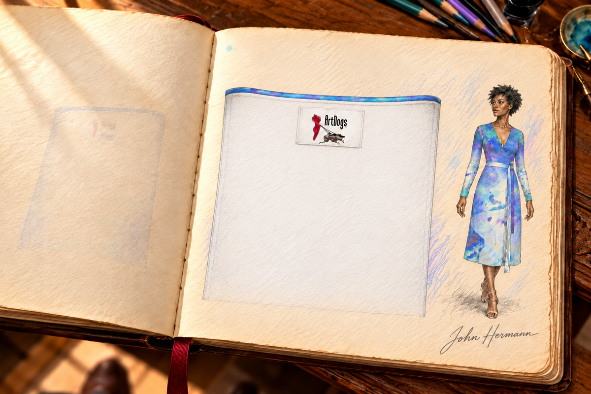 Ethereal Calf or Below length Long Wrap Dress — hand-drawn designer Handbook, interior label, calf-or-below length.