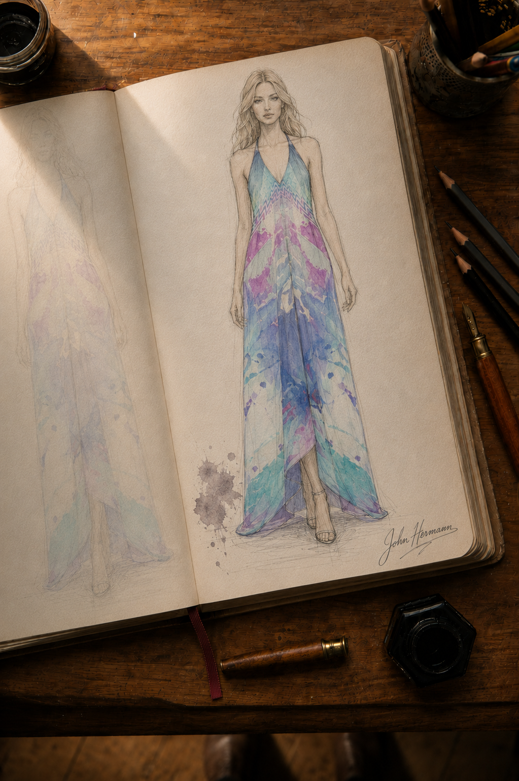 Ethereal halterneck dress designer storybook — blonde model front sketch