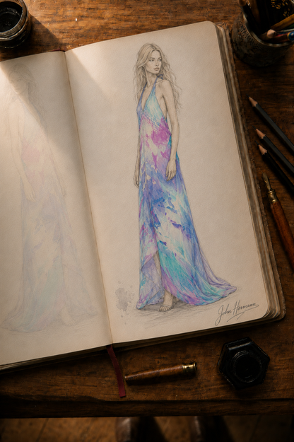 Ethereal halterneck dress designer storybook — blonde model left sketch
