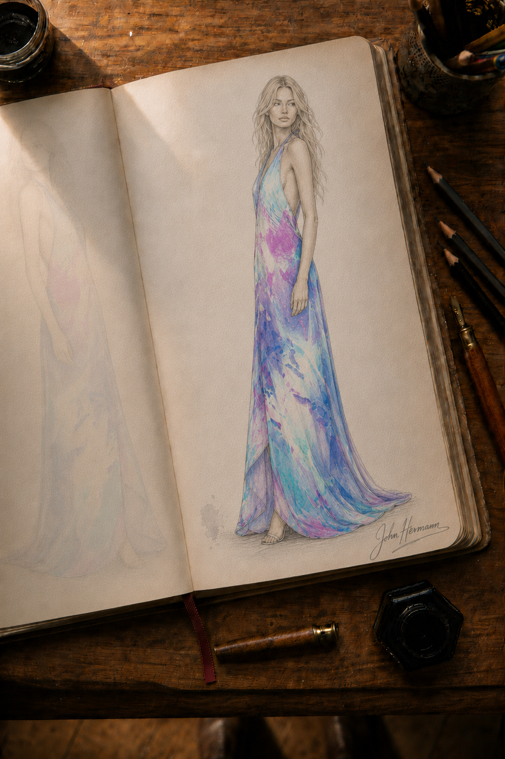 Ethereal halterneck dress designer storybook — blonde model right sketch