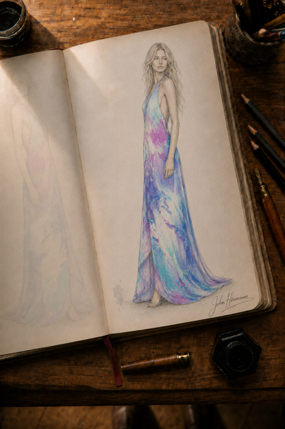 Ethereal halterneck dress designer storybook — blonde model right sketch