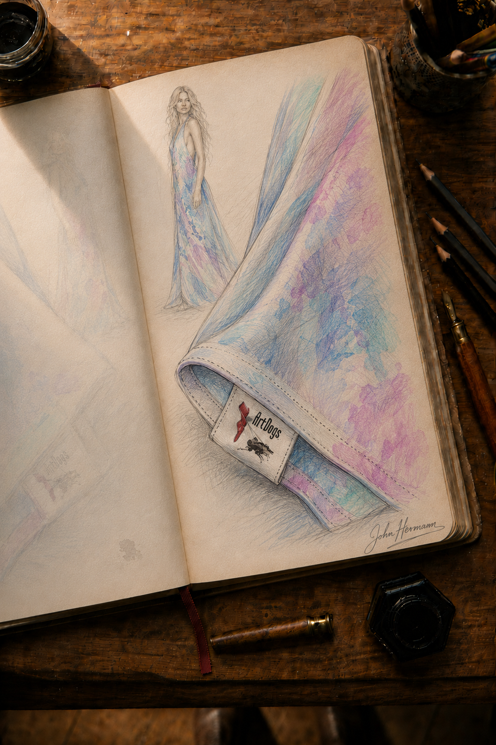 Ethereal halterneck dress designer storybook — fabric and label detail sketch