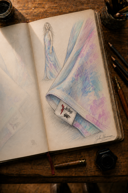 Ethereal halterneck dress designer storybook — fabric and label detail sketch