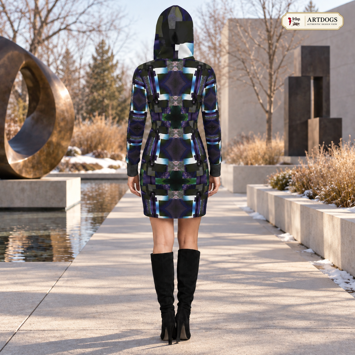 From the Void to Grace 4 Above-the-Knee Hoodie Dress — Authentic Design View, Ponte Jersey — back