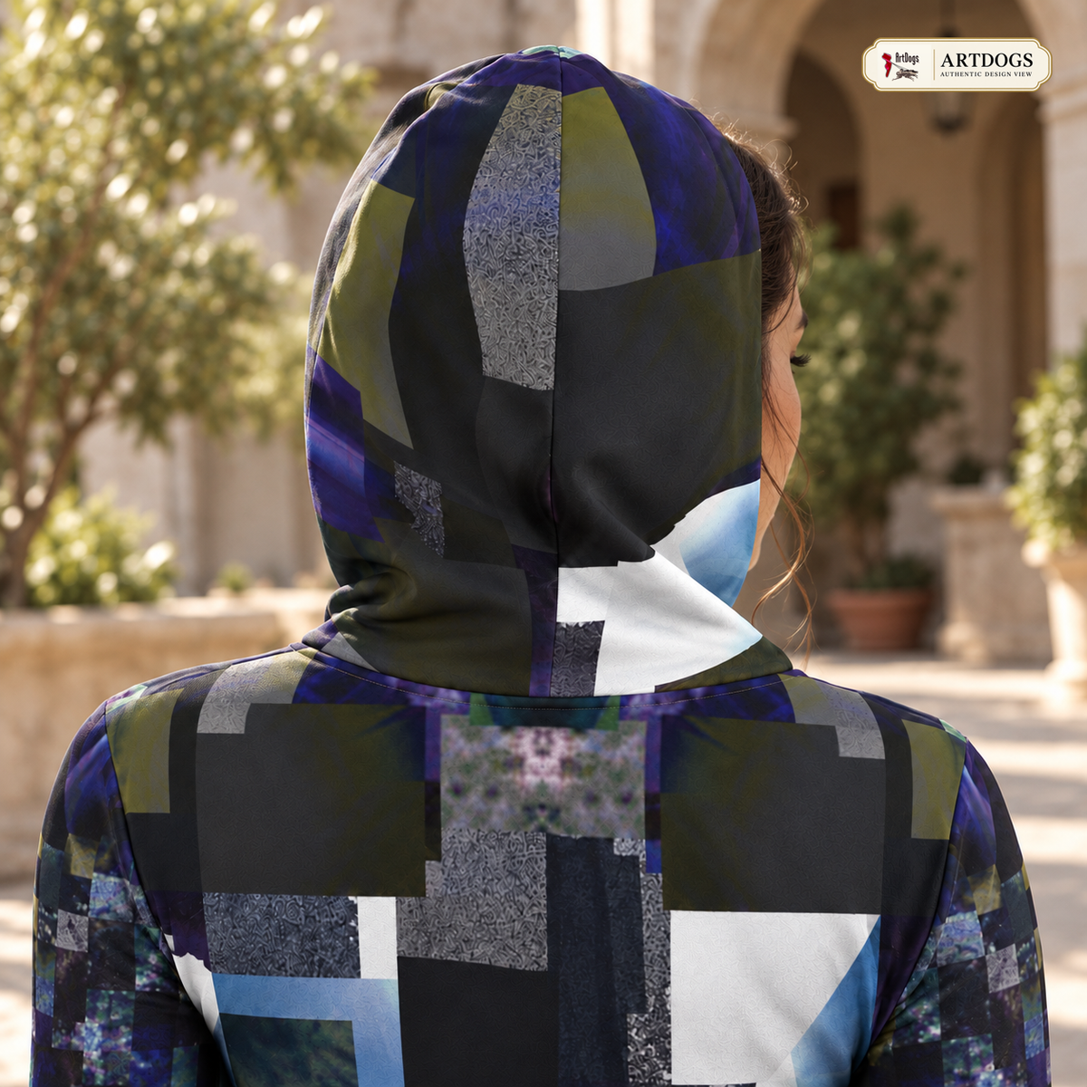 From the Void to Grace 4 Above-the-Knee Hoodie Dress — Authentic Design View, Ponte Jersey — rear hood construction