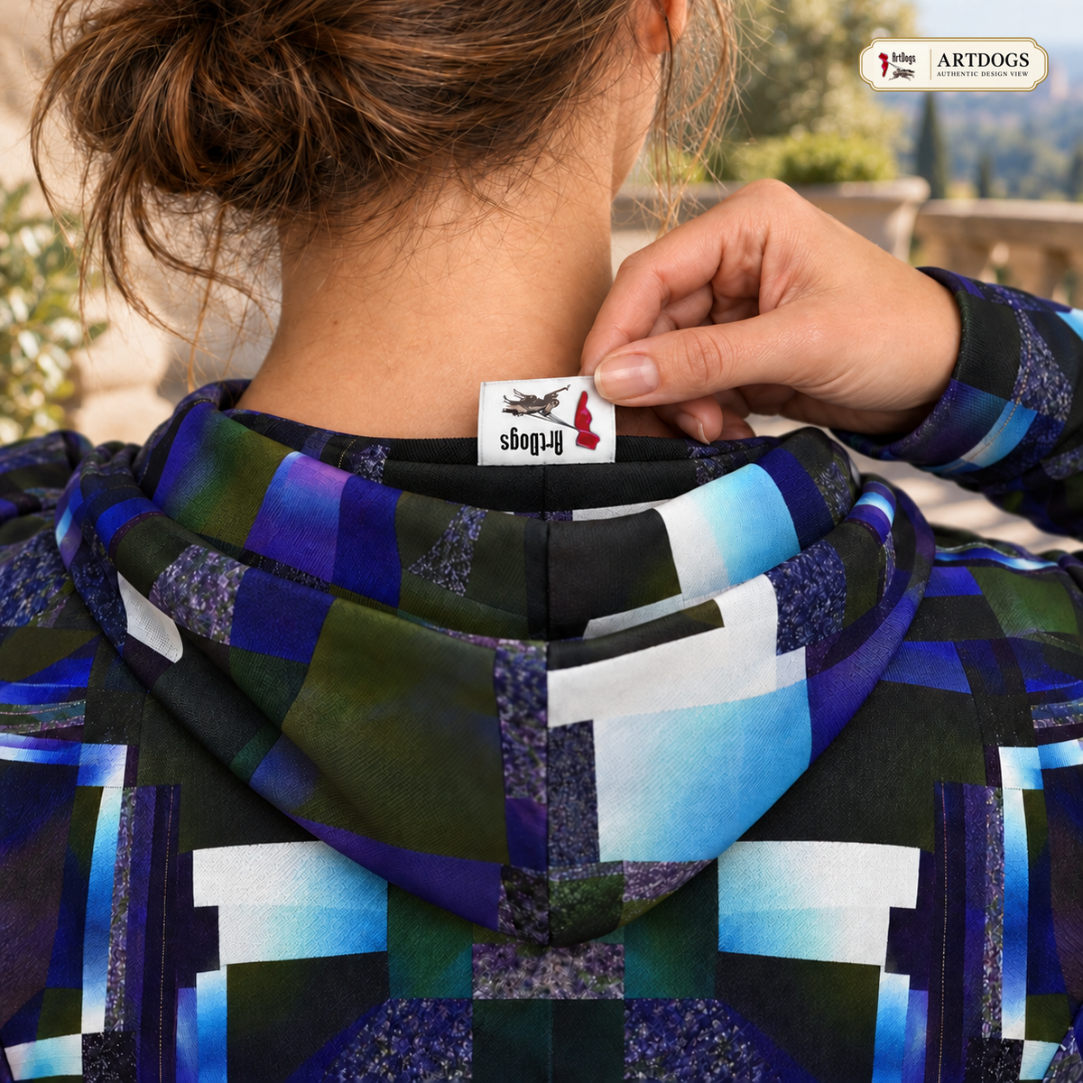 From the Void to Grace 4 Above-the-Knee Hoodie Dress — Authentic Design View, Ponte Jersey — interior center-back upside-down tag