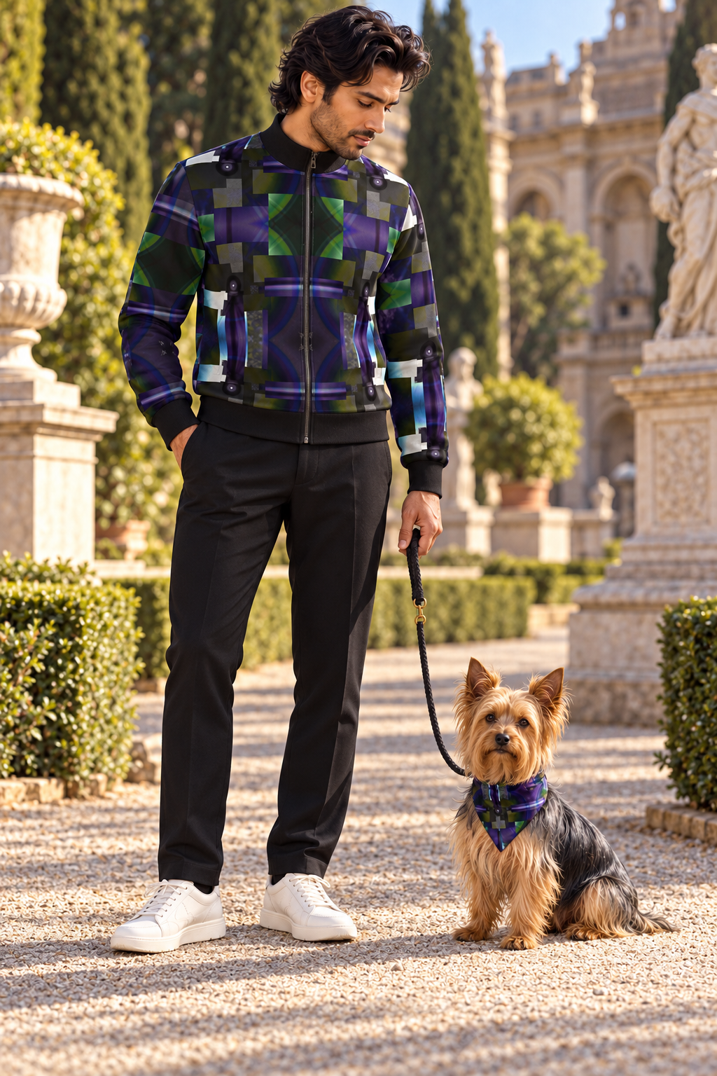 From Void to Grace Men's Tracksuit Jacket — fashion photography — dog companion, with adult blue-and-tan Australian Silky Terrier wearing matching artwork bandana