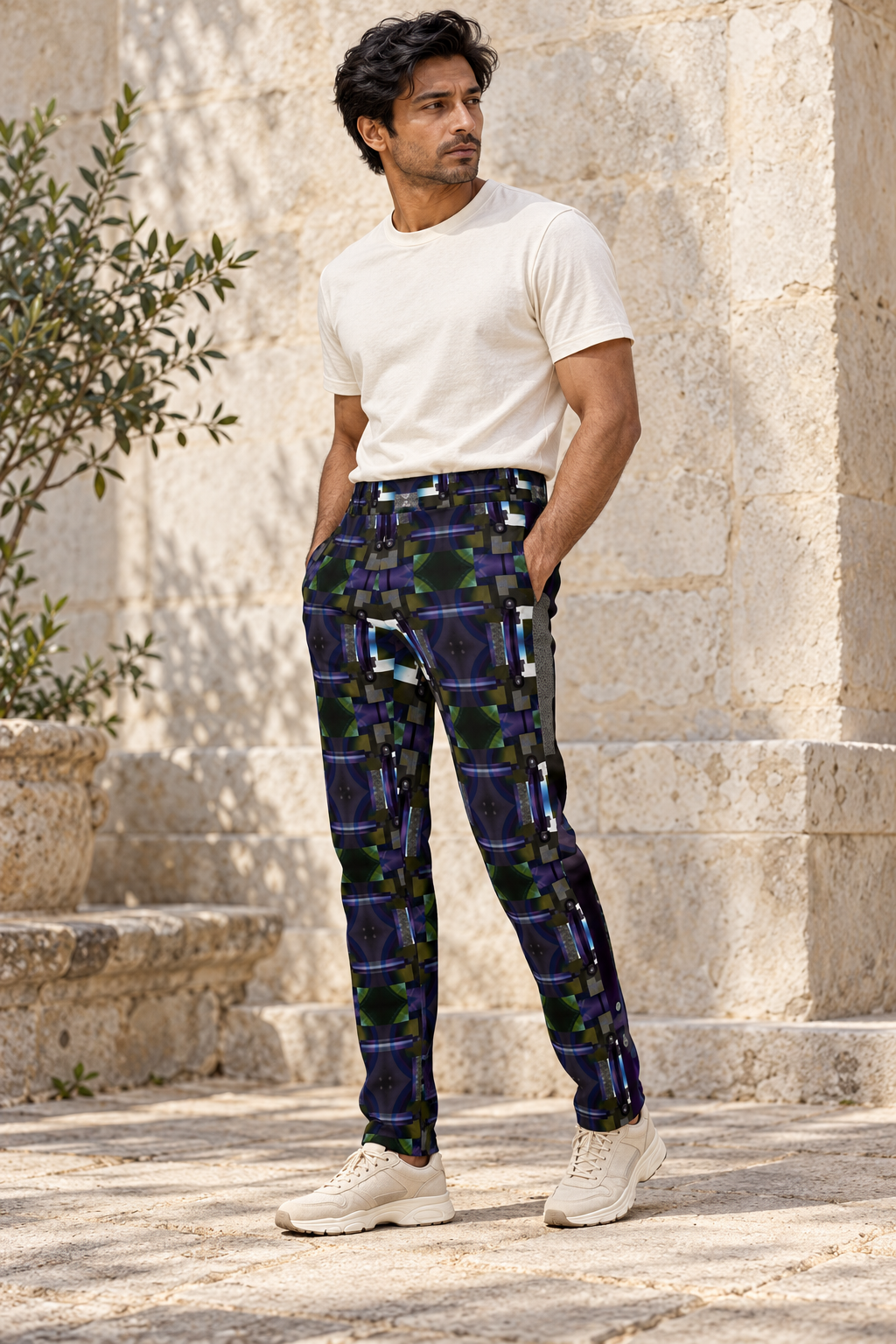 From Void to Grace Men's Tracksuit Trousers — fashion photography — three quarter editorial
