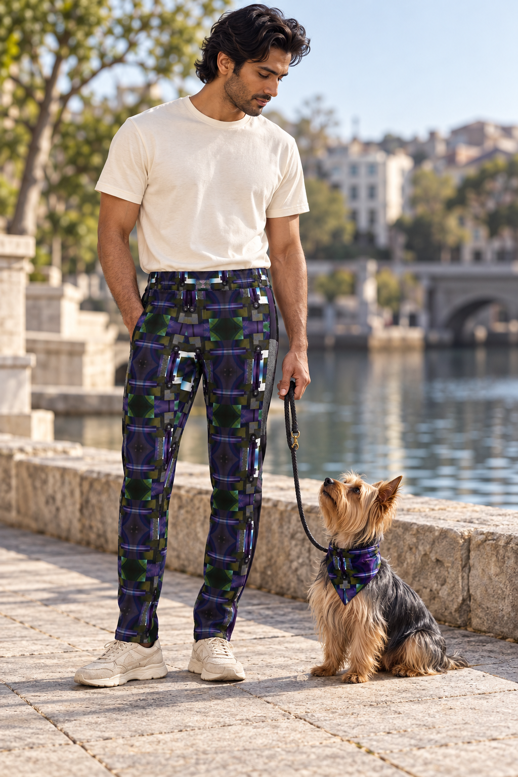 From Void to Grace Men's Tracksuit Trousers — fashion photography — dog companion, with adult Australian Silky Terrier wearing matching artwork bandana