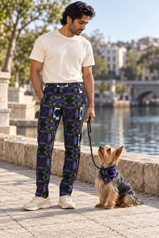 From Void to Grace Men's Tracksuit Trousers — fashion photography — dog companion, with adult Australian Silky Terrier wearing matching artwork bandana