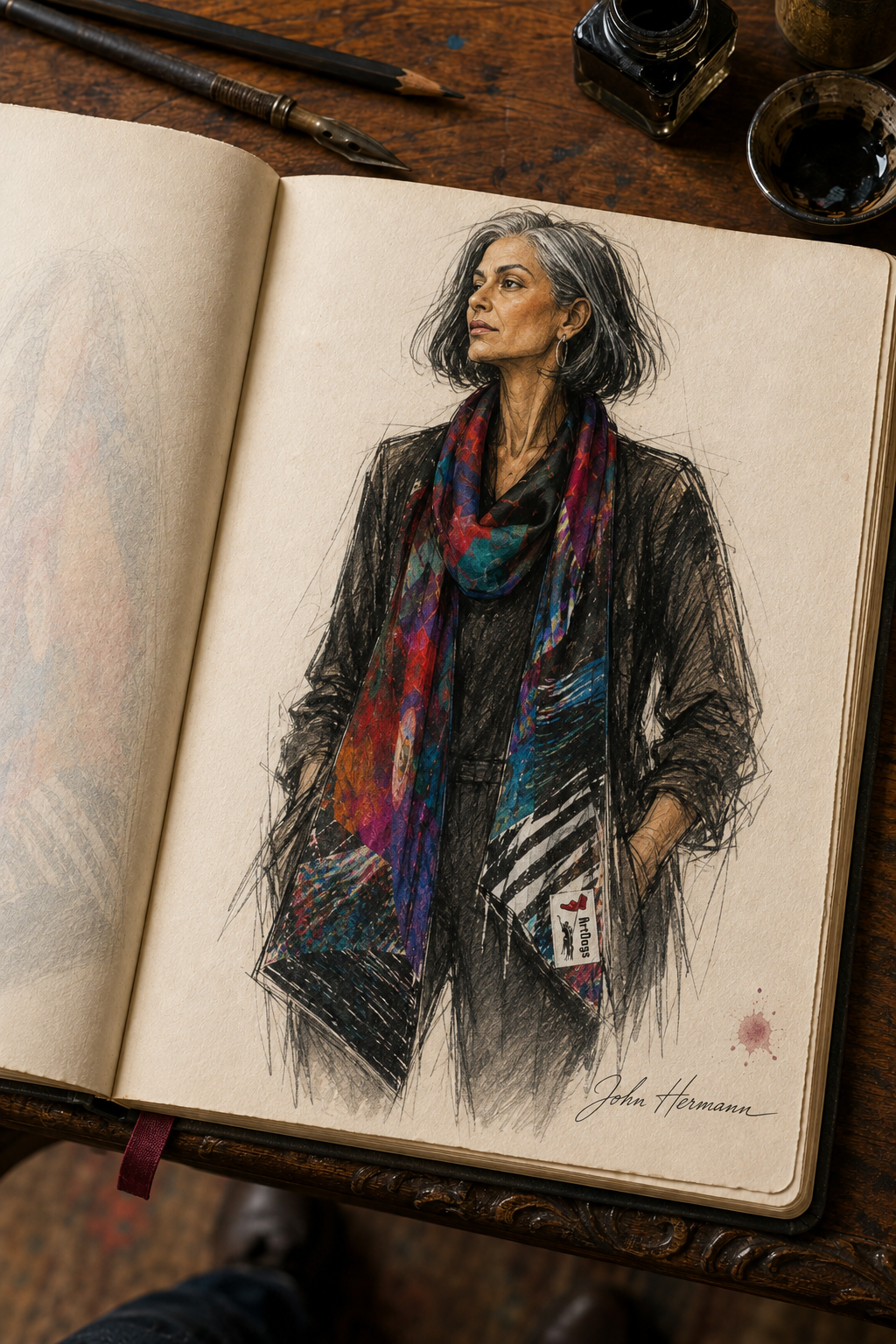 Garbage Monkey 3 long scarf Handbook page — torso-drape study