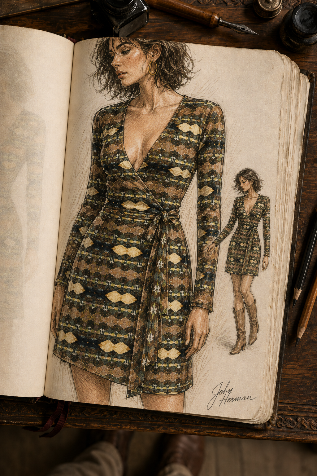ArtDogs Handbook — Gerudo Desert wrap dress front construction detail designer sketch by John Hermann