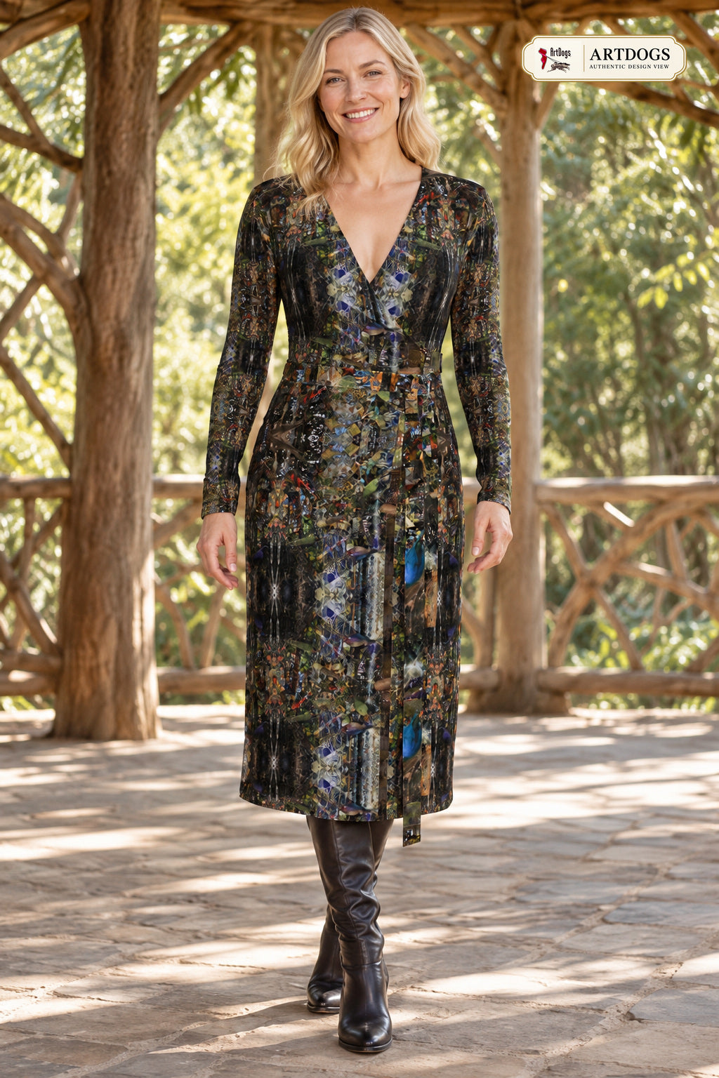 God Log Calf or Below length Long Wrap Dress — certified Authentic Design View, front full, calf-or-below length, Solange Silky Jersey 6.34 oz.