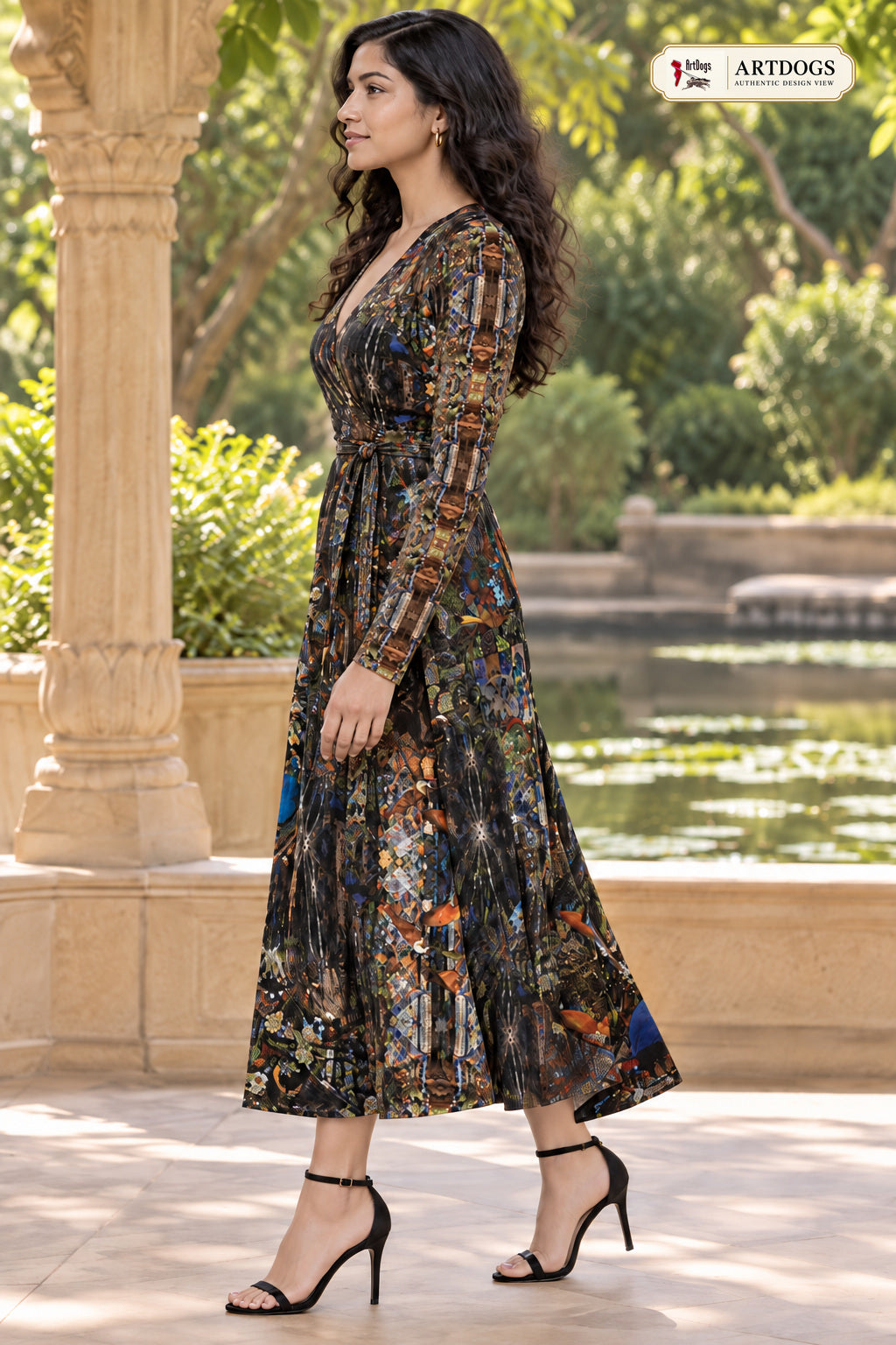 God Log Calf or Below length Long Wrap Dress — certified Authentic Design View, left profile, calf-or-below length, Solange Silky Jersey 6.34 oz.