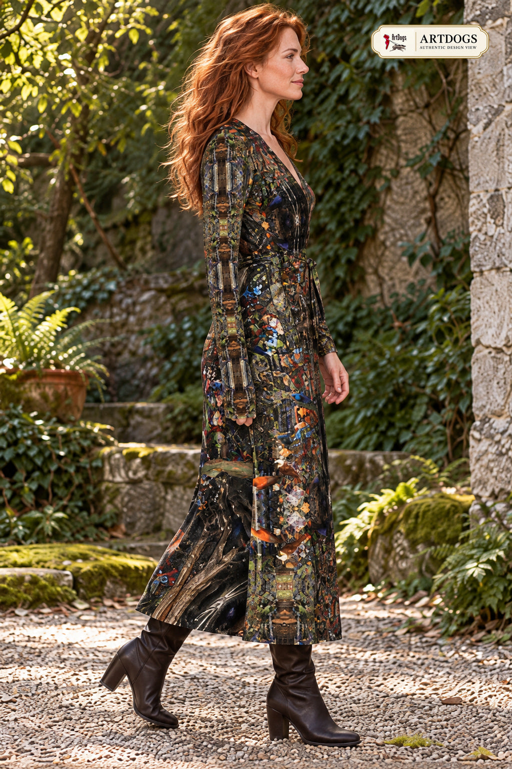 God Log Calf or Below length Long Wrap Dress — certified Authentic Design View, right profile, calf-or-below length, Solange Silky Jersey 6.34 oz.