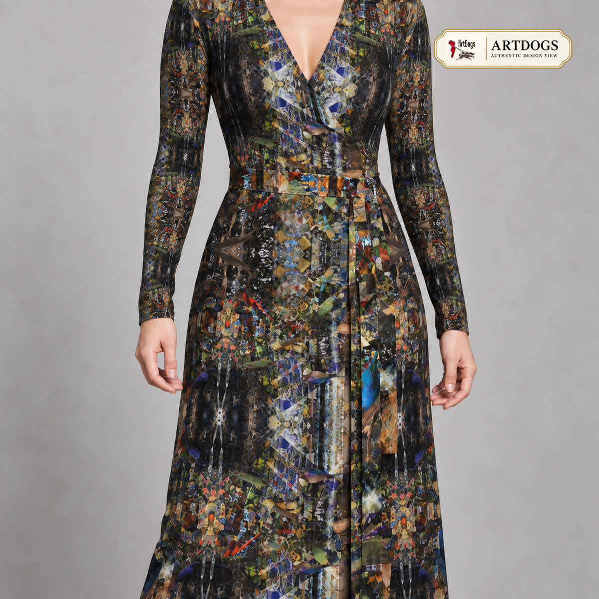 God Log Calf or Below length Long Wrap Dress — certified Authentic Design View, front wrap tie, calf-or-below length, Solange Silky Jersey 6.34 oz.