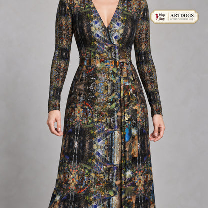 God Log Calf or Below length Long Wrap Dress — certified Authentic Design View, front wrap tie, calf-or-below length, Solange Silky Jersey 6.34 oz.