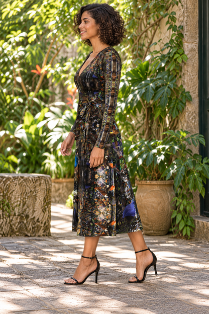 God Log Calf or Below length Long Wrap Dress — photorealistic fashion left view, calf-or-below length, Solange Silky Jersey 6.34 oz.