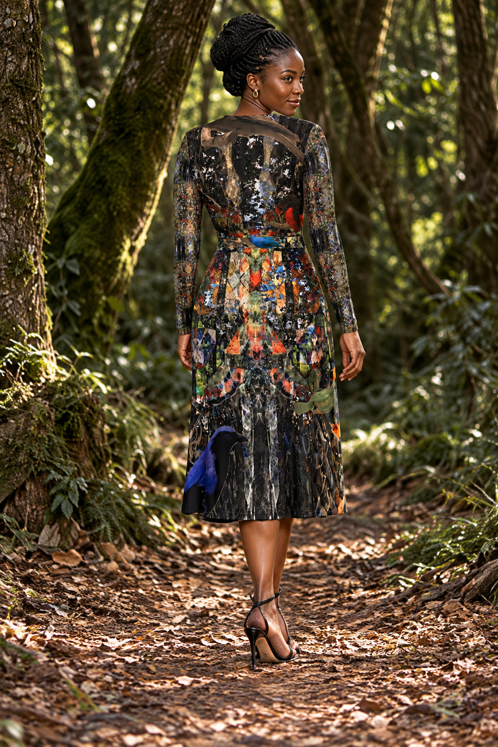 God Log Calf or Below length Long Wrap Dress — photorealistic fashion back view, calf-or-below length, Solange Silky Jersey 6.34 oz.