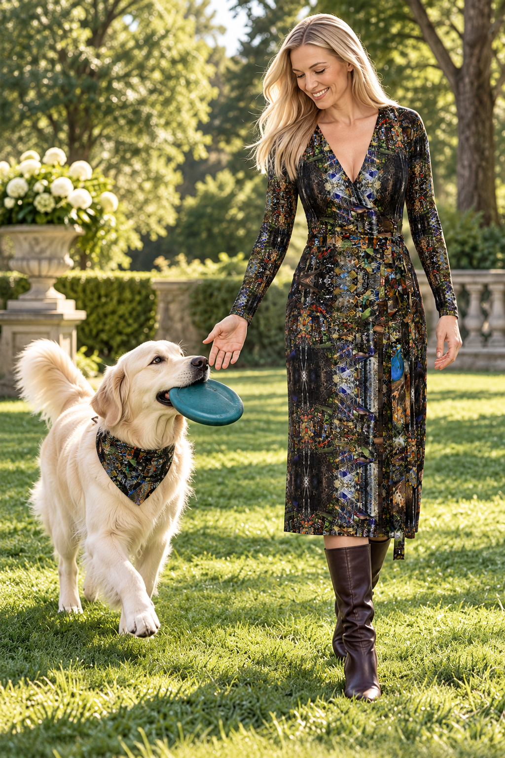 God Log Calf or Below length Long Wrap Dress — owner with an adult cream Golden Retriever retrieving a soft teal frisbee, wearing a matching God Log artwork bandana.