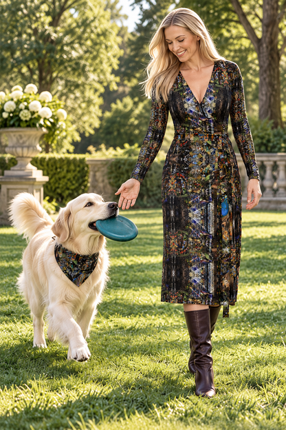 God Log Calf or Below length Long Wrap Dress — owner with an adult cream Golden Retriever retrieving a soft teal frisbee, wearing a matching God Log artwork bandana.