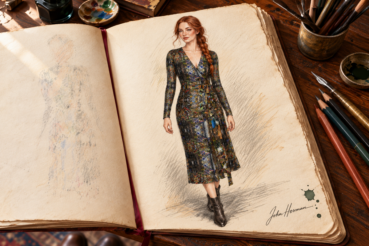 God Log Calf or Below length Long Wrap Dress — hand-drawn designer Handbook, front full, calf-or-below length.