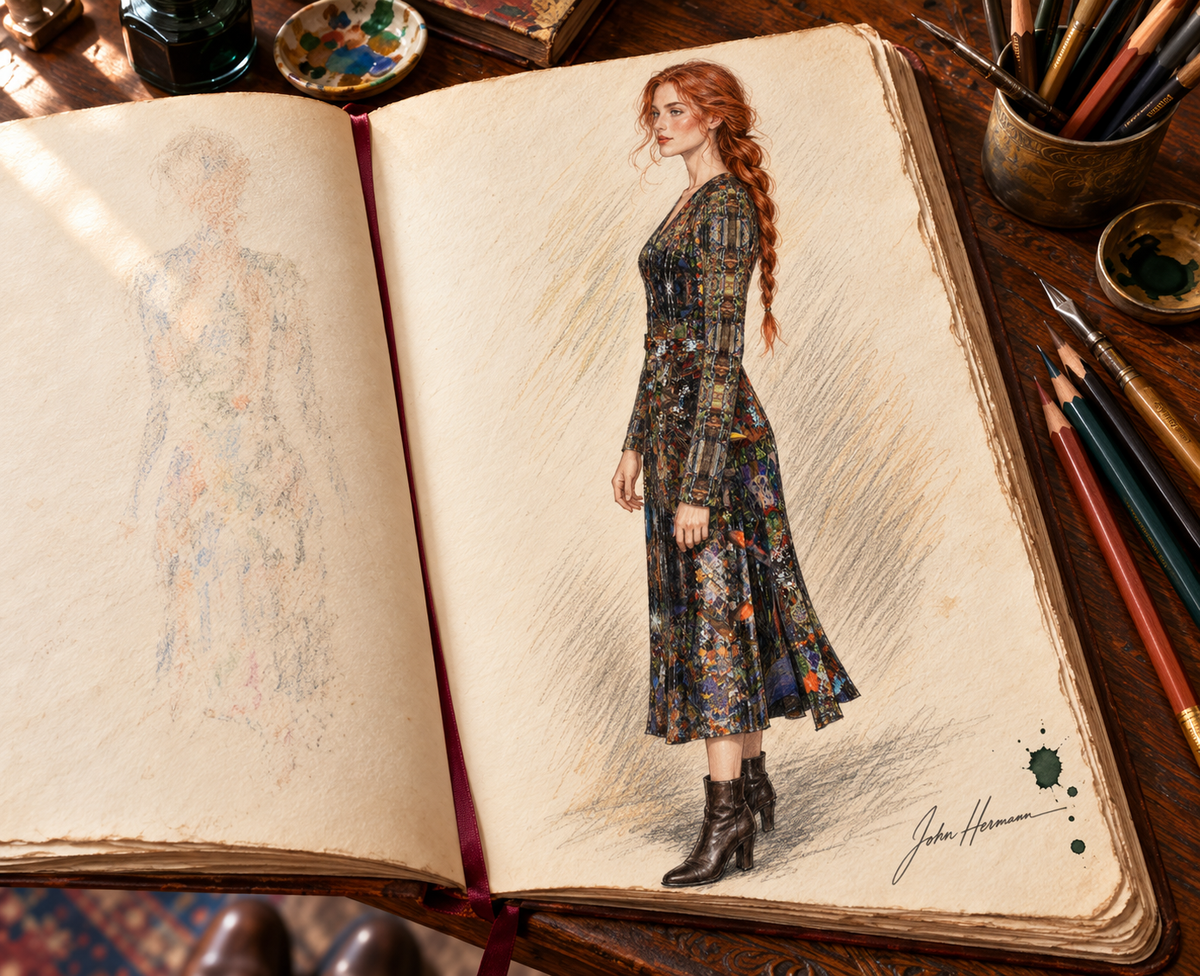 God Log Calf or Below length Long Wrap Dress — hand-drawn designer Handbook, left profile, calf-or-below length.