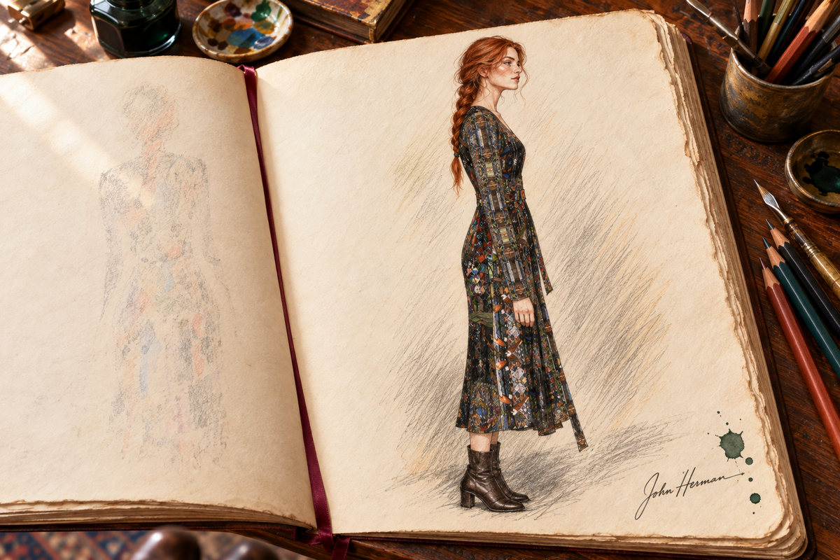 God Log Calf or Below length Long Wrap Dress — hand-drawn designer Handbook, right profile, calf-or-below length.