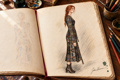 God Log Calf or Below length Long Wrap Dress — hand-drawn designer Handbook, right profile, calf-or-below length.