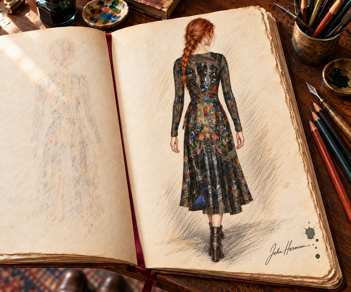 God Log Calf or Below length Long Wrap Dress — hand-drawn designer Handbook, back full, calf-or-below length.