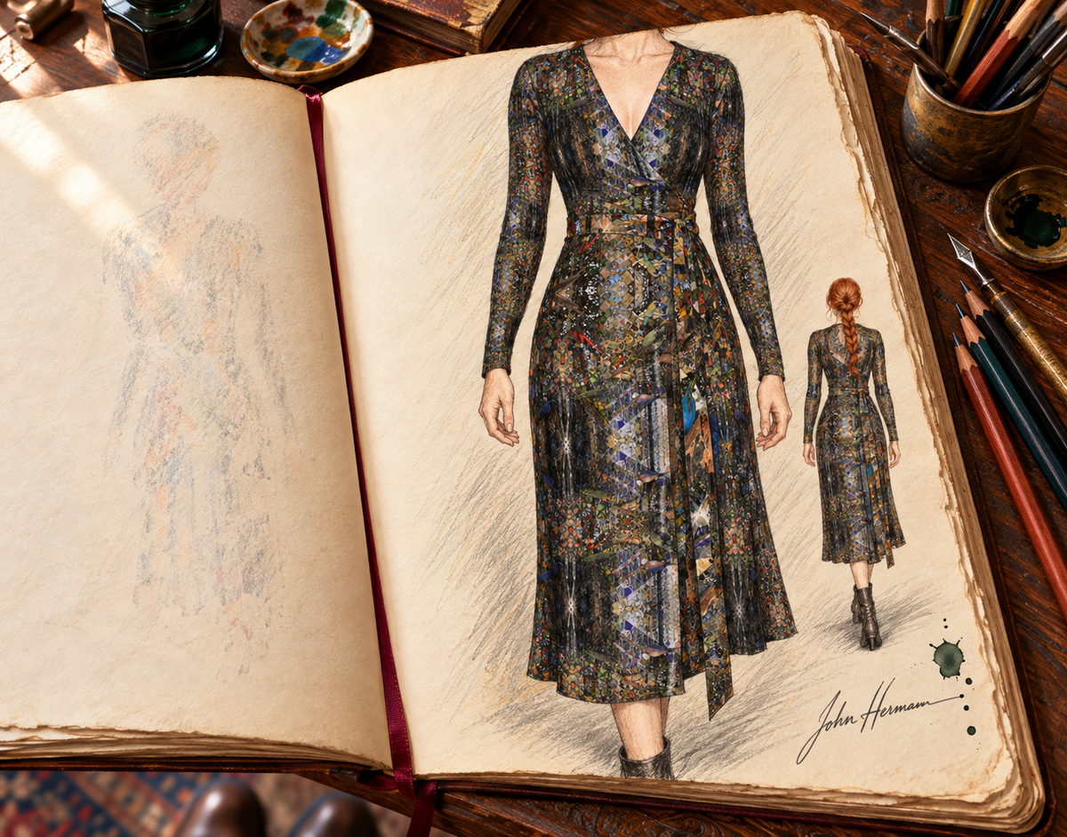 God Log Calf or Below length Long Wrap Dress — hand-drawn designer Handbook, front wrap tie, calf-or-below length.