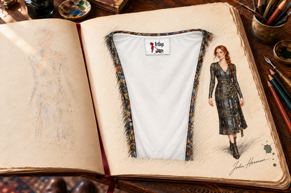 God Log Calf or Below length Long Wrap Dress — hand-drawn designer Handbook, interior label, calf-or-below length.
