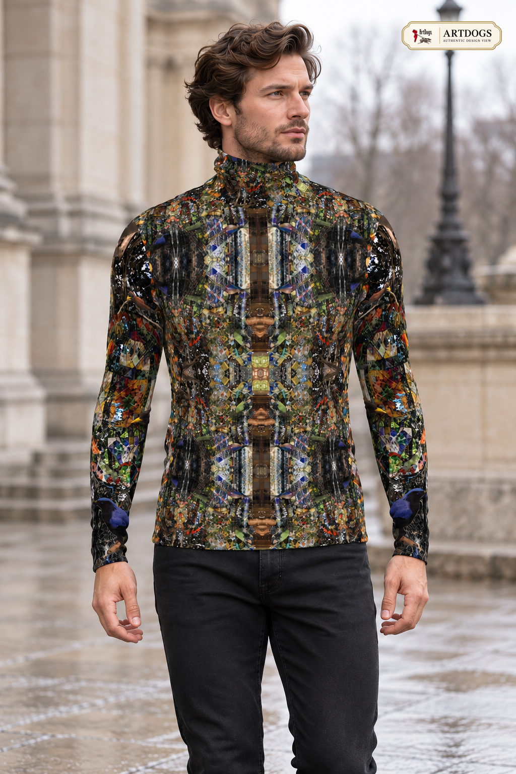 ArtDogs God Log men’s slim fit roll neck — Authentic Design View, Front