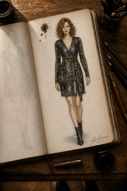 God Log Above-the-Knee Wrap Dress — designer Handbook front view