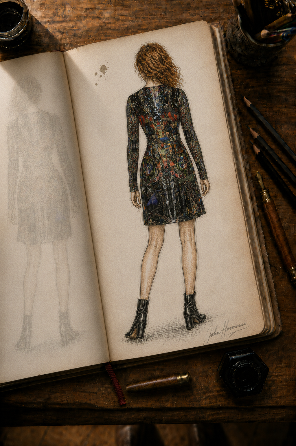 God Log Above-the-Knee Wrap Dress — designer Handbook back view
