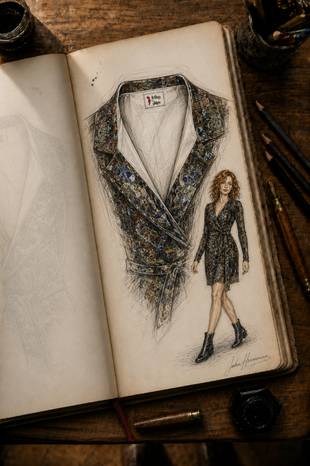 God Log Above-the-Knee Wrap Dress — designer Handbook collar and label detail