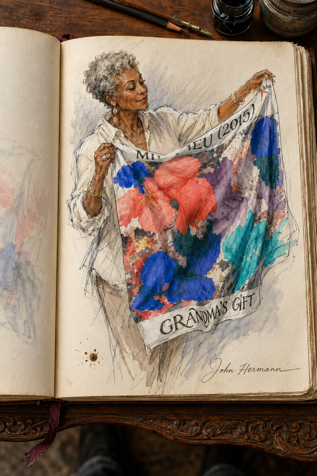 Grandma's Gift square scarf Handbook page — suspended drape design study