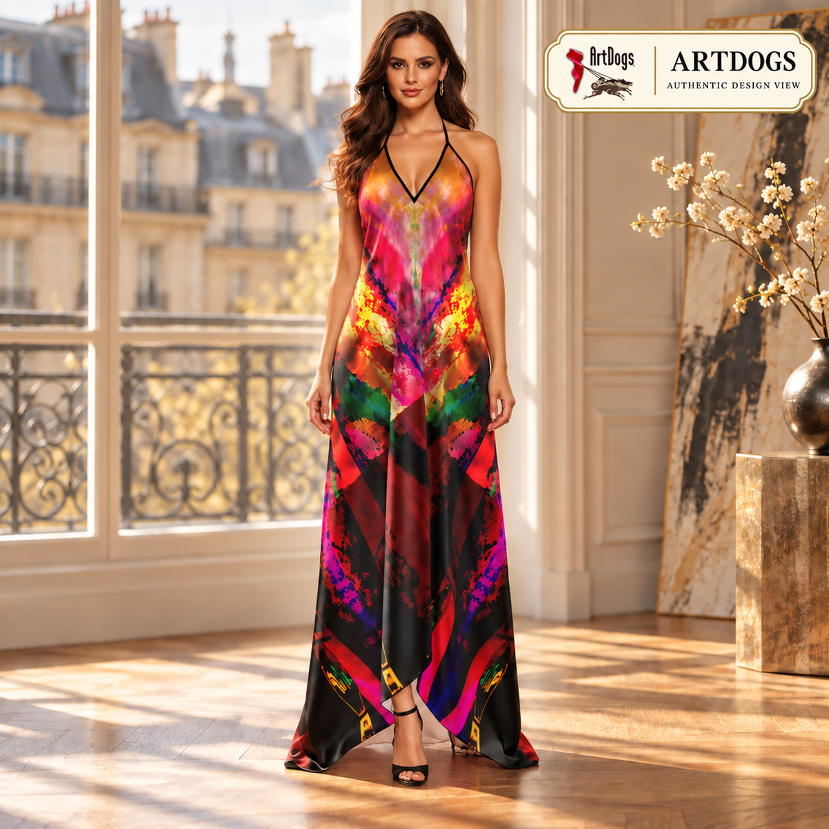 Heaven and Hell/Yin and Yang Halterneck backless dress — Authentic Design View, front, 100% Real Silk Satin 85gsm, with a train.