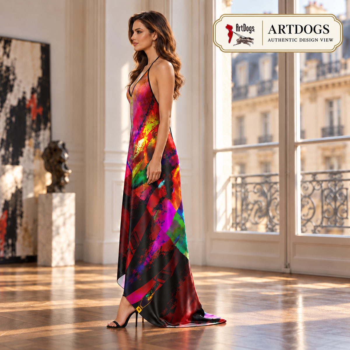 Heaven and Hell/Yin and Yang Halterneck backless dress — Authentic Design View, left, 100% Real Silk Satin 85gsm, with a train.
