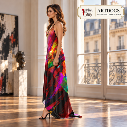 Heaven and Hell/Yin and Yang Halterneck backless dress — Authentic Design View, left, 100% Real Silk Satin 85gsm, with a train.