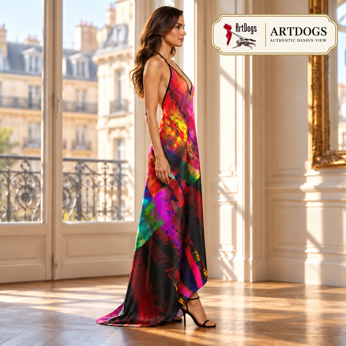 Heaven and Hell/Yin and Yang Halterneck backless dress — Authentic Design View, right, 100% Real Silk Satin 85gsm, with a train.