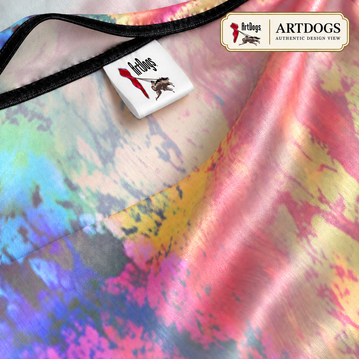 Heaven and Hell/Yin and Yang Halterneck backless dress — Authentic Design View, fabric-label-detail, 100% Real Silk Satin 85gsm, with a train.