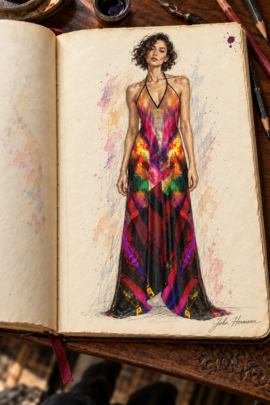 Heaven and Hell/Yin and Yang Halterneck backless dress — hand-drawn John Hermann Handbook, front.