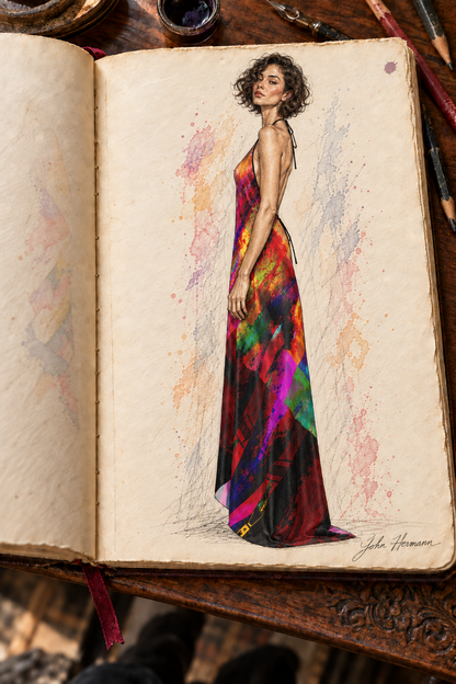 Heaven and Hell/Yin and Yang Halterneck backless dress — hand-drawn John Hermann Handbook, left.