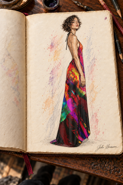 Heaven and Hell/Yin and Yang Halterneck backless dress — hand-drawn John Hermann Handbook, right.