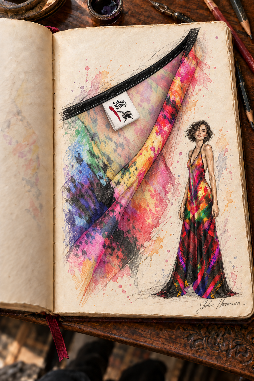Heaven and Hell/Yin and Yang Halterneck backless dress — hand-drawn John Hermann Handbook, fabric-label-detail.