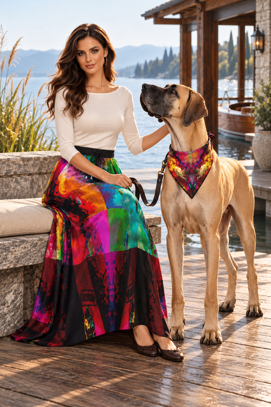 Heaven and Hell / Yin and Yang Ankle-length or below Maxi Skirt — Front with registered fawn Great Dane companion. Original large abstract warm/cool color-block artwork, black elastic waist; available Real 100% Silk Satin 85gsm.